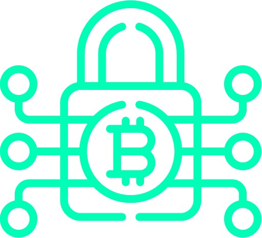 Neon green graphics of the lock and bitcoin
