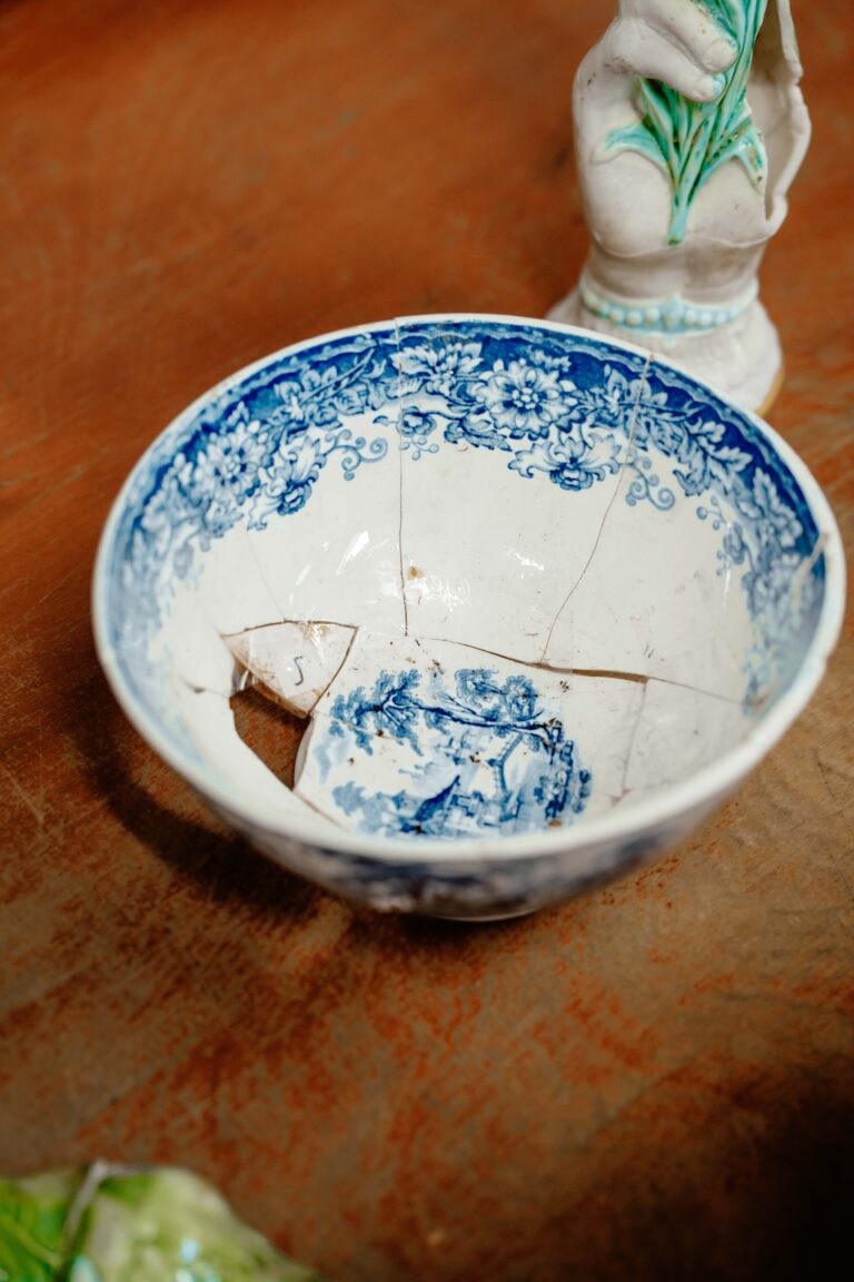 The broken pieces of an unearthed ceramic bowl. The bowl is mostly reconstructed. It is white with deep blue floral art painted around the inner edge with what appears to be a building next to a stream painted in the center. The pieces rest on a worn wooden table.